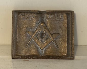 Vintage Masonic Holy Bible Paperweight | Heavy Freemason Square & Compasses | M.A. Root | 2 lb 9 oz