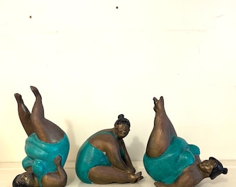 Set of 3 Curvy Yoga Figurines | Botero Style Bronze-Look Sculptures, Turquoise Swimsuits