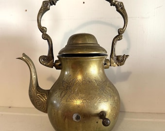 Vintage Etched Brass Kettle | Ornate Floral Teapot, Asian Indian Decor