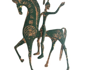 Vintage Greek Etruscan Horse Rider Sculpture | Mid Century Abstract Metal Warrior Figure