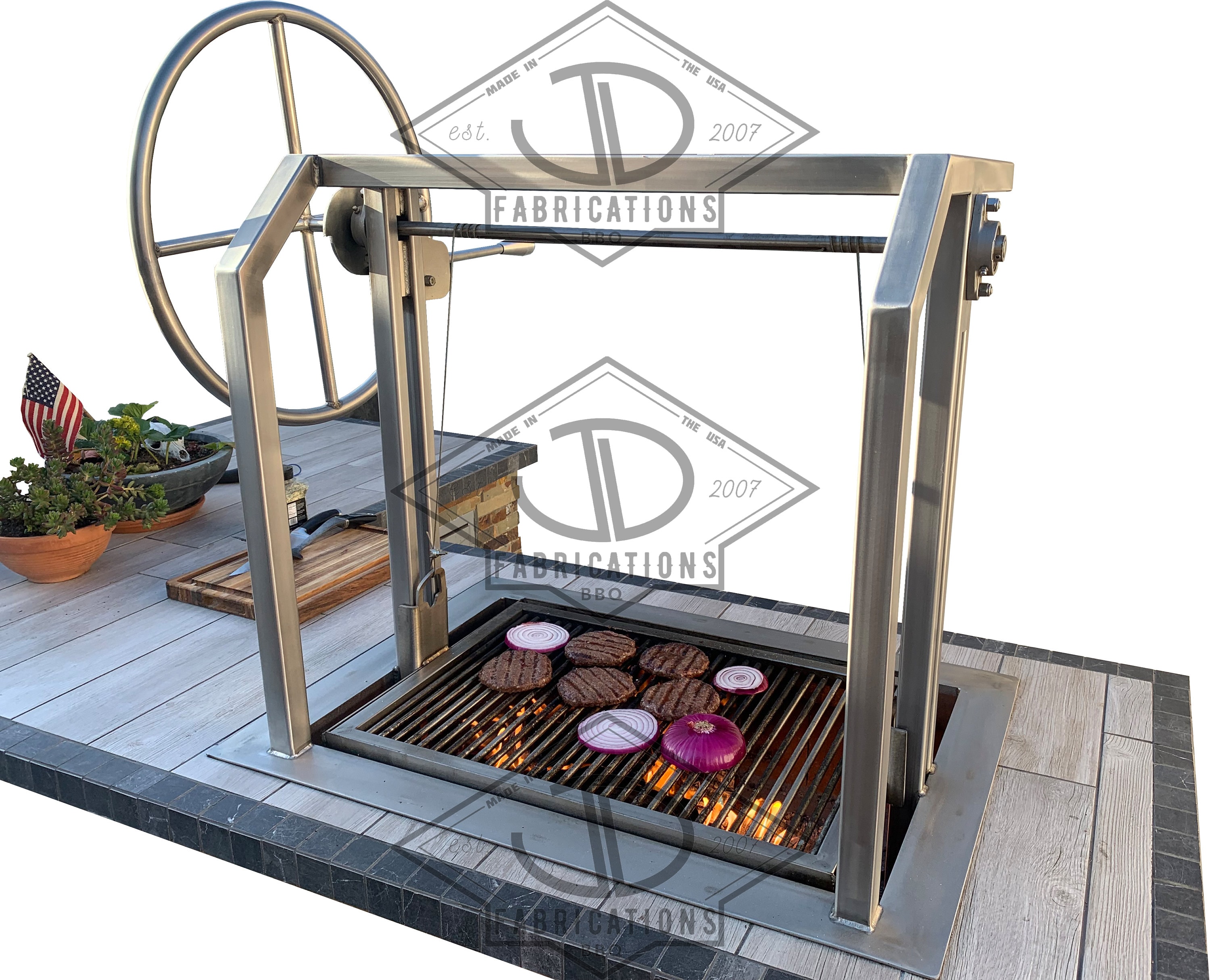 39.5"x 27.5" Argentinian Style BBQ Grill with Round Rod Grate| Height Adjustable Rotisserie | Drop In Firebox