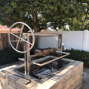 Stainless Santa Maria Countertop Drop In Frame Single Crank with Round Rod Grate and Height Adjustable Rotisserie by JD Fabrications