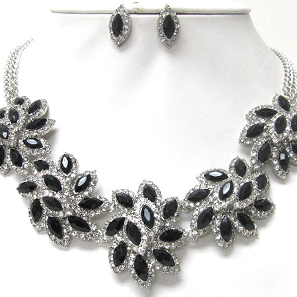 Stunning Black Austrian Crystal Wedding Bridal Flower Necklace & Earring Set