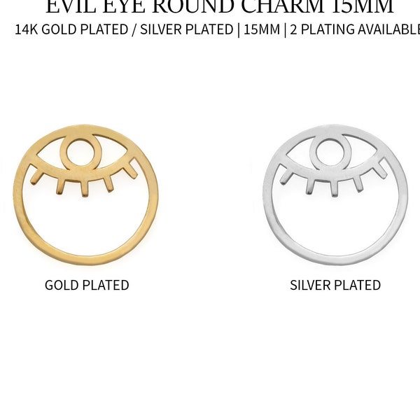 Evil Eye Round Charm 15mm Dainty Jewelry Charm for Bracelet Dangle Charm 14K Gold Plated / Silver Finding, Add-On Charm, Coins for DIY 55073