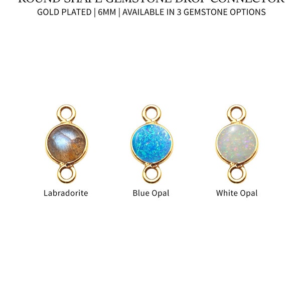 Gemstone Drop Connector, Gold Plated, Double Bail, Round Bezel Connector, Glitter Charm, Gemstone Size 6mm (10710)