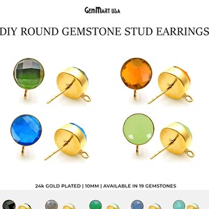 Runda örhängen med ädelsten, 10 mm rund ädelsten med förgylld bezel, enkel kedja, smyckestillverkningstillbehör, GemMartUSA, 90015