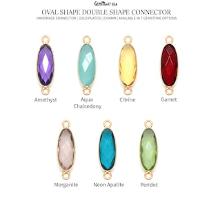 May include: Seven oval-shaped gemstone connectors with gold-plated double loops. The gemstones are amethyst, aqua chalcedony, citrine, garnet, morganite, neon apatite, and peridot.