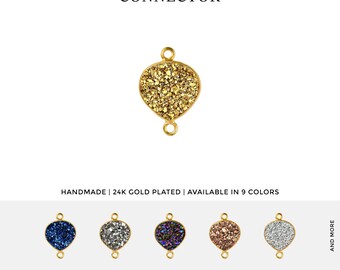 Heart Druzy Gemstone Jewelry Connector, 12mm Heart Druzy Gemstone Necklace Pendant, Gold Plated Bezel, Double Bail, GemMartUSA, (11137)