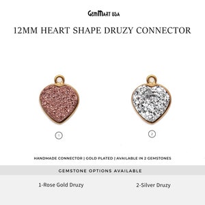 Druzy Gemstone Jewelry Connector, 12mm Heart Druzy Gemstone Necklace Pendant, Gold Plated Bezel, Single Bail, GemMartUSA, 11266