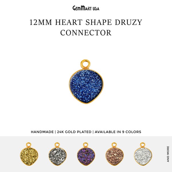 Smyckeskoppling med hjärtformade druzy-ädelstenar, 12 mm halsband med hjärtformade druzy-ädelstenar, 24k guldpläterad bezel, enkel stängsel, GemMartUSA, 11071