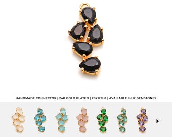 May include: Gold-plated connector with a cluster of black teardrop-shaped gemstones.  The connector is 28mm by 12mm and is available in 12 gemstone colors.  Handmade connector.  DIY gemstone connector.