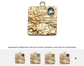 Square Shape Beaten Gold Gemstone Pendant, 22x18mm Gold Square Necklace & Earring Charm, Jewelry Making Supply, GemMartUSA, 50275