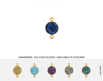 Round Druzy Gemstone Jewelry Connector, 10mm Round Druzy Gemstone Necklace Pendant, Gold Plated Bezel, Double Bail, GemMartUSA, 11155