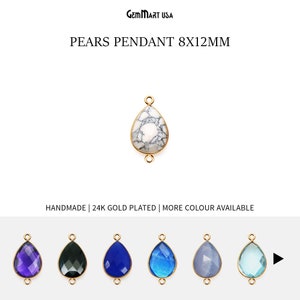 May include: Pear-shaped pendant with a white and gray marbled stone, 8mm by 12mm, with a 24k gold plated finish. Handmade. Available in other colors: amethyst, black, blue, turquoise, and gray.