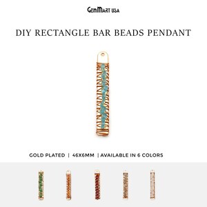 May include: Gold-plated DIY rectangle bar bead pendant, 46x6mm, with turquoise-colored beads wrapped in copper wire. The pendant is displayed on a white background. The text "GemMart USA" and "DIY RECTANGLE BAR BEADS PENDANT" are visible.