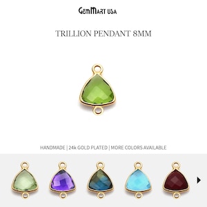 May include: A gold-plated pendant with a 8mm trillion-cut gemstone. The pendant is available in multiple colors, including green, purple, blue, and red.  HANDMADE | 24k GOLD PLATED | MORE COLORS AVAILABLE