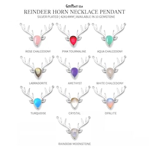 Reindeer Horn Necklace Pendant, 42x14mm Silver Plated Antlers/ Horns & Gemstone Reindeer Head, GemMartUSA, 50520