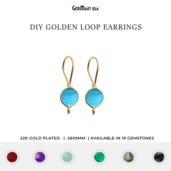Gold Loop Round Gemstone Earring Connector, 26x9mm Bezel Set Gemstone Dangle Earrings, Gold Plated, Jewelry Making Supply, GemMartUSA, 90020