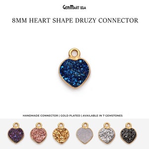 Heart  Druzy Gemstone Jewelry Connector, 8mm Heart Druzy Gemstone Necklace Pendant, Gold Plated Bezel, Single Bail, GemMartUSA, 11264