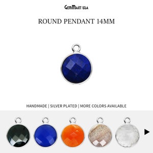 Könnte beinhalten: Silberplattierter Anhänger mit einem runden, facettierten Edelstein. Der Anhänger hat einen Durchmesser von 14 mm und ist in verschiedenen Farben erhältlich, darunter Schwarz, Blau, Orange, Braun und Klar. Handgefertigt.