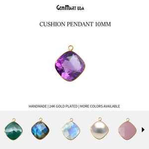 May include: A 10mm cushion-shaped amethyst pendant with a 24k gold plated setting. The pendant is handmade and is available in other colors.  CUSHION PENDANT 10MM HANDMADE | 24K GOLD PLATED | MORE COLORS AVAILABLE