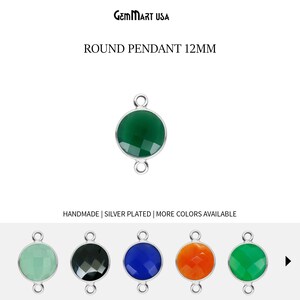 May include: Silver plated round pendant with a 12mm green gemstone.  Handmade, more colors available.