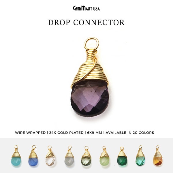 Drop Connector, Gold Plated Wire Wrapped Pendant, Drop Shaped Gemstone Connector, Single Bail, DIY Jewelry, 6x9MM (50458)