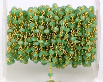 3-3.5mm 24k Gold Plated Wire Wrapped Rosary Chain Foot GemMartUSA 30002 Emerald Jade Faceted Beads Rosary