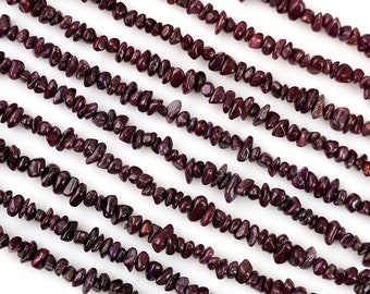 Ruby Chip Beads, 34 Inch, Natural Chip Strands, Drilled Strung Nugget Beads, 3-7mm, Polished, GemMartUSA (CHRB-70001)