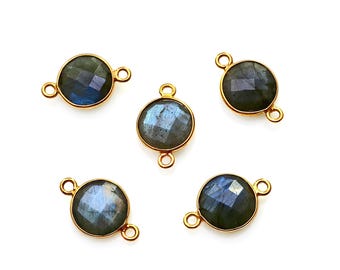 Labradorite Faceted Round Bezel Charm, 10mm Tiny Gold Plated, Gemstone Link Connector, Gemstones For Jewelry Making Supplies, LB-10155