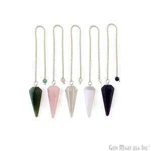 May include: Six crystal pendulums with silver chains, each with a different color: green, pink, grey, white, purple, and black.