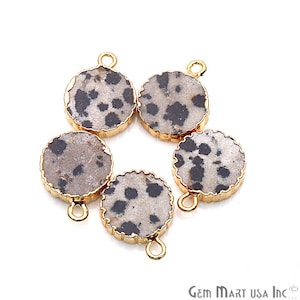 Round Connector, Dalmatian Jasper, 24k Gold, Gold Electroplated, Gold Bail, Electroplated, 12mm Zig Zag Single Bail, GemMartUSA (DZJ-10090)