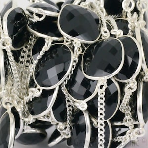 Black Onyx Bezel Connector Chain, Silver Plated Chain, Bezel Setting, DIY Jewelry, Jewelry Supply, GemMartUSA (SPBO-20002)