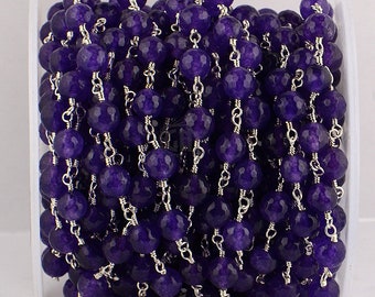 Amethyst Jade, 8mm Silver Plated wire wrapped Rosary Chain by foot. GemMartUSA (SPAJ-30013)