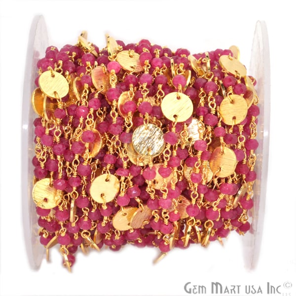 Ruby Beads Rosary Chain 3-3.5 mm, Gold Plated Disk, 24k Gold Plated wire wrapped Rosary Chain, GemMartUSA (30016)