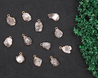 Pingente de Diamante Herkimer, Pingente de Gema Bruta, Pingente de Formato Livre, Pingente de Pedra Bruta, Banhado a Ouro, Argola Simples, (DH-50009)