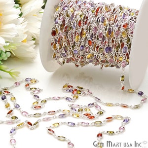 Multi Color Oval Shape Bezel Connectors Link chain, 6x4mm Silver Bezel Connectors, Silver Cable Link Chain, 1 ft  (SPMU-20034)