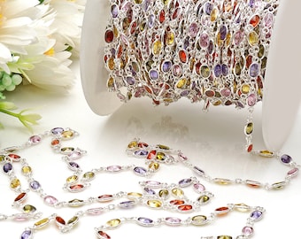 Multi Color Oval Shape Bezel Connectors Link chain, 6x4mm Silver Bezel Connectors, Silver Cable Link Chain, 1 ft GemMartUSA (SPMU-20034)