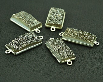 Platinum Druzy Connector Bezel Rectangle Shape, 10x20mm Silver Plated Double Bail Druzy Link Connector/Pendant (MZ-11218)