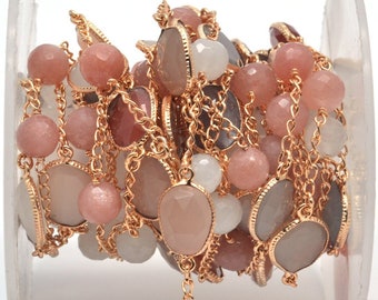 One foot Multi moonstone connector chain, 10mm gold plated bezel connectors link chain (GPMM-20029)