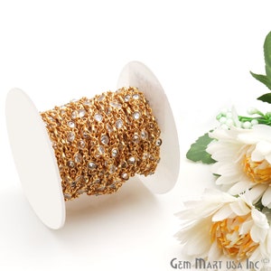 White Zircon Wire Wrapped Bezel Bead Chain, Linked Connector Chain. 4mm Round Gold plated Gemstone Link Chain GemMartUSA (GPWH-20011)