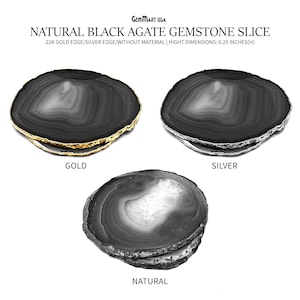 Black Agate Slice Coaster, Natural Gemstone Coaster, Rock & Crystal Coaster, Organic/Silver/Gold Plated Drinkware, GemMartUSA (BKCO)
