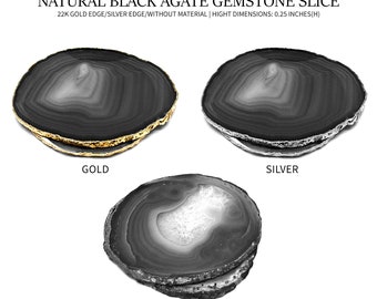 Black Natural Gemstone Coaster, Agate Slice Coaster, Rock & Crystal Coaster, Organic/Silver/Gold Plated Drinkware (BKCO)