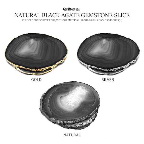 Black Natural Gemstone Coaster, Agate Slice Coaster, Rock & Crystal Coaster, Organic/Silver/Gold Plated Drinkware (BKCO)