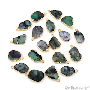 Raw Emerald Charm, Electroplated Gold Pendant, Rough Gemstone Drop, Small Crystal Dangle for Jewelry Making, GPEM-50007