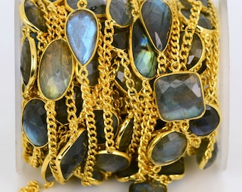 Labradorite Bezel Connector Chain, Gold Plated Gemstone Chain, Bracelet Chain, Mix Connectors, By Foot, Size 10mm GemMartUSA (GPLB-20002)