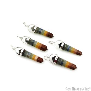 May include: Five silver-toned pendants with seven layered gemstone points. The gemstones are in shades of brown, red, yellow, green, blue, and black. The pendants are on a white background.