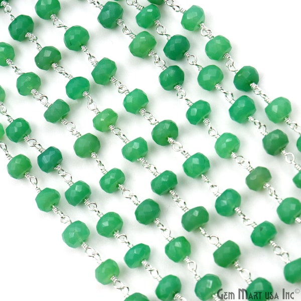 Chrysoprase Rosary Chain, Handcraft Natural Rondelle Faceted Beads 6-7mm, Silver Plated Rosary Chain, Jewelry Making Supplies, SPCP-30036