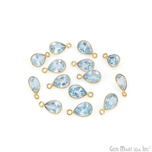 7x10mm Pears Blue Topaz Bezel Charm Connector, Tiny Gold Plated Gemstone Link for Jewelry Making, DIY Jewelry Supplies, BT-10291