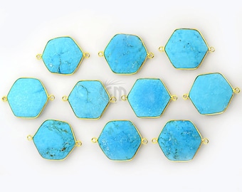 Beautiful Turquoise, Bezel Hexagon Shape Connector, 21x29mm Hexagon 24K Gold Plated, Double Bail 1pc (TQ-10243)